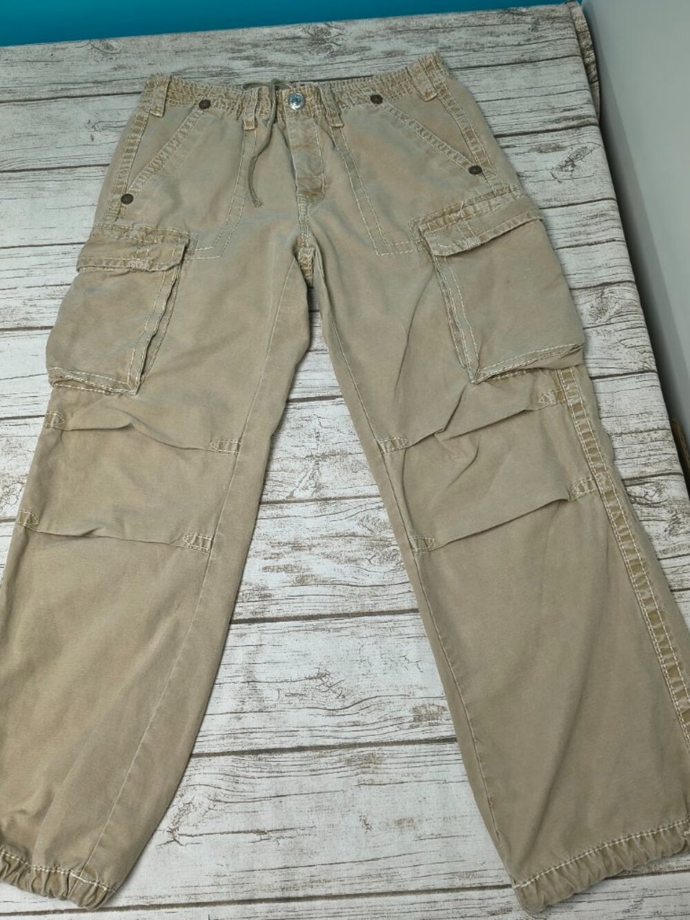 True Religion Cargo Pants Mens Size 36 Tan Beige Super T Thick Stitch Drawstring